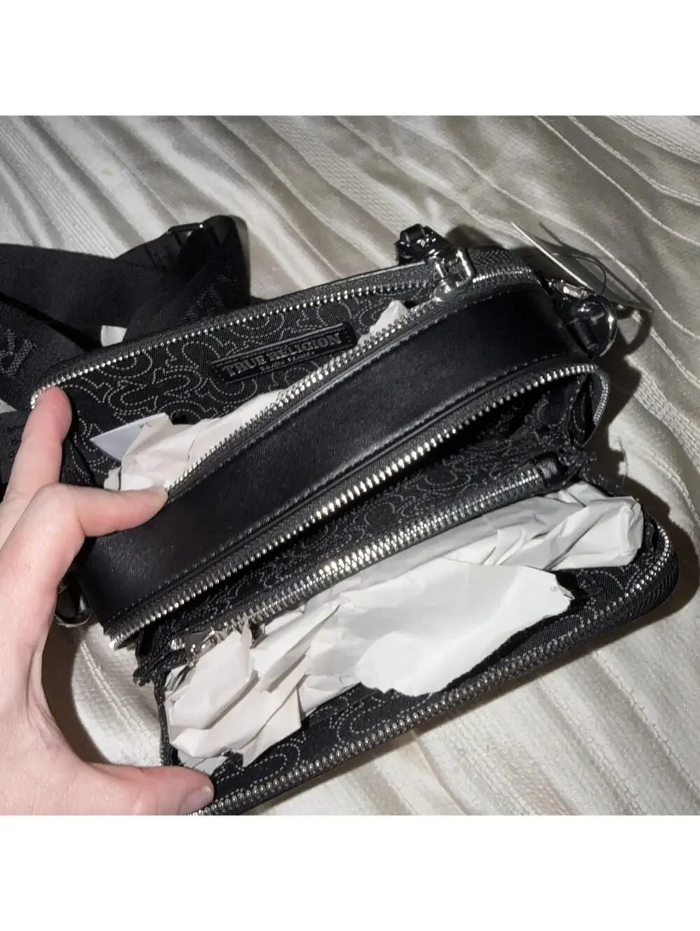 True Religion Designer Black Small Crossbody Bag Zip Closure Adjustable Strap